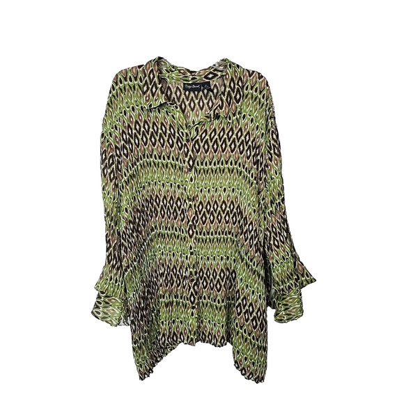 Maggie Barnes Green Ikat Print Bell Sleeve Button Down Tunic Top Womans Size 4X - Picture 1 of 4